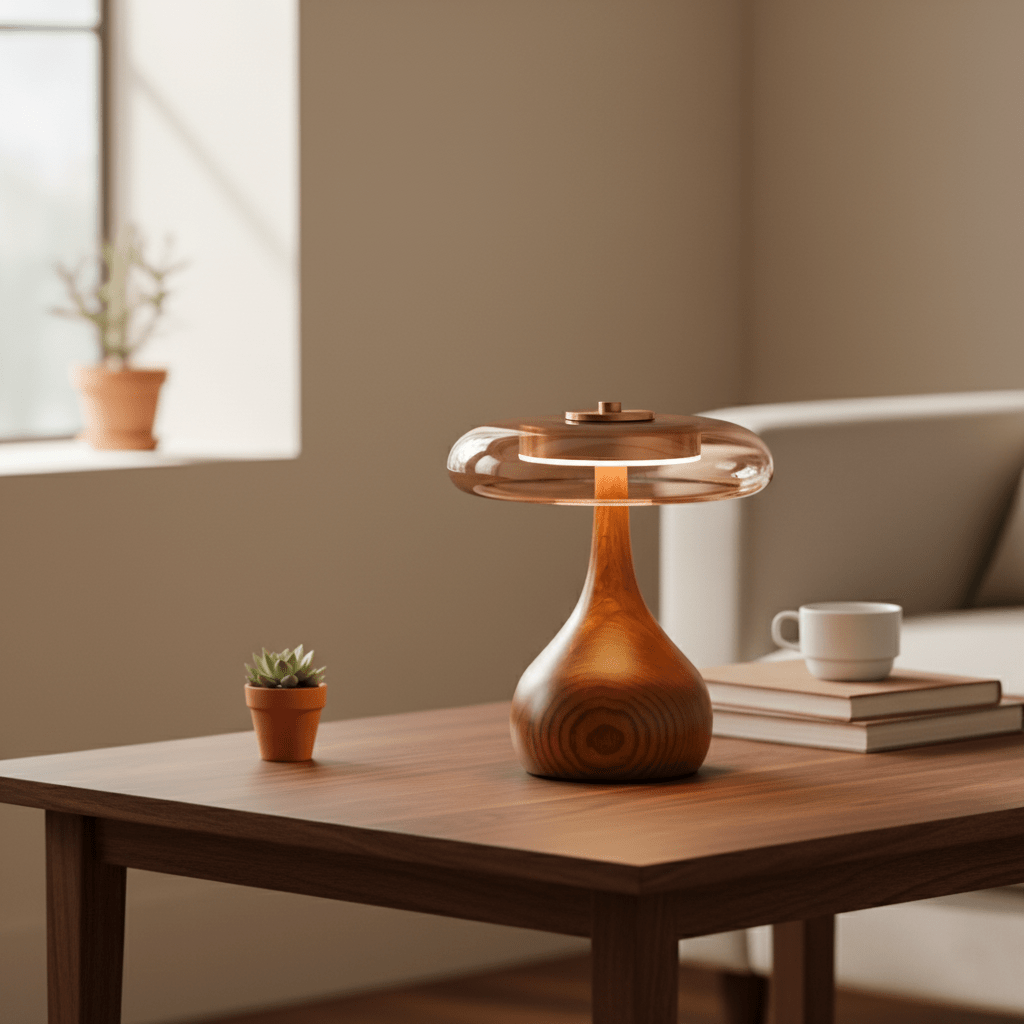 Wooden Table Lamp 9.8 in (25.0 cm) Amber Glass Shade Indoor Desk Lighting Warm Glow | Thomler
