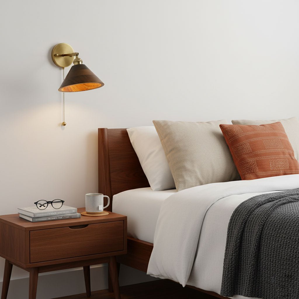 Wooden Wall Sconce 6.3 in to 7.1 in Walnut Indoor Accent Lighting for Living Room Bedroom Hallway Decor | Thomler